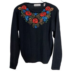 Karen Scott Sweater Large Silk Angora Bling Sequin Floral  Embellished Vintage‎